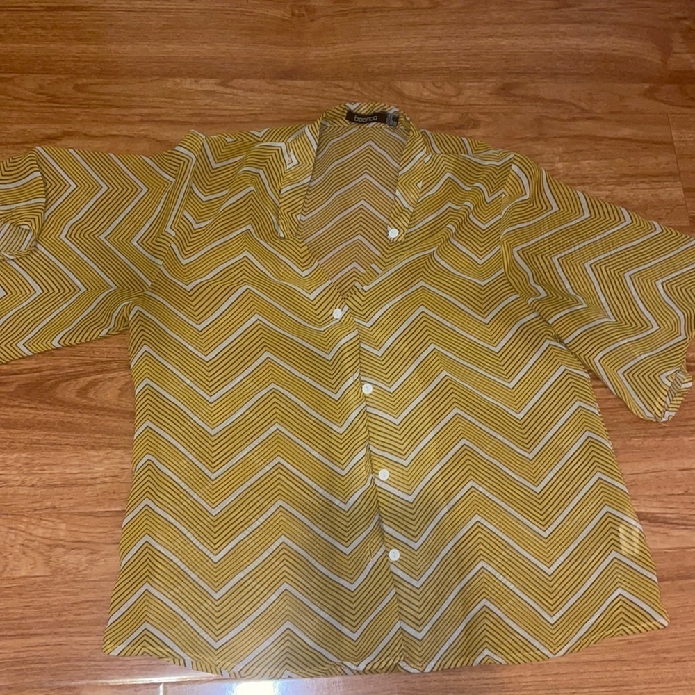 WOMENS Boohoo see through shirt vintage SHEER COVER UP size 2 MUSTARD YELLOW‌‌‌‌ - Picture 4 of 9